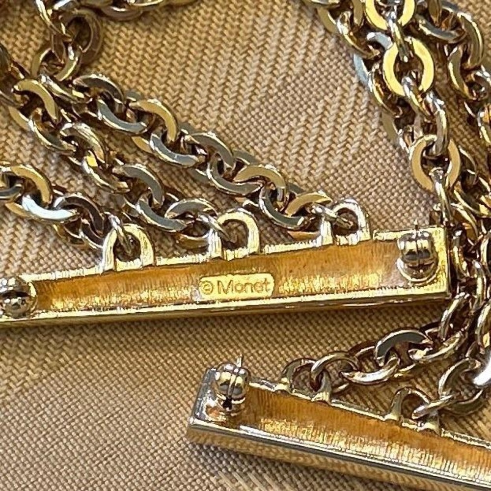 Monet Vintage Gold Tone Triple Chain Double Spike Pin Large Sweater Clip Brooch - Picture 3 of 12